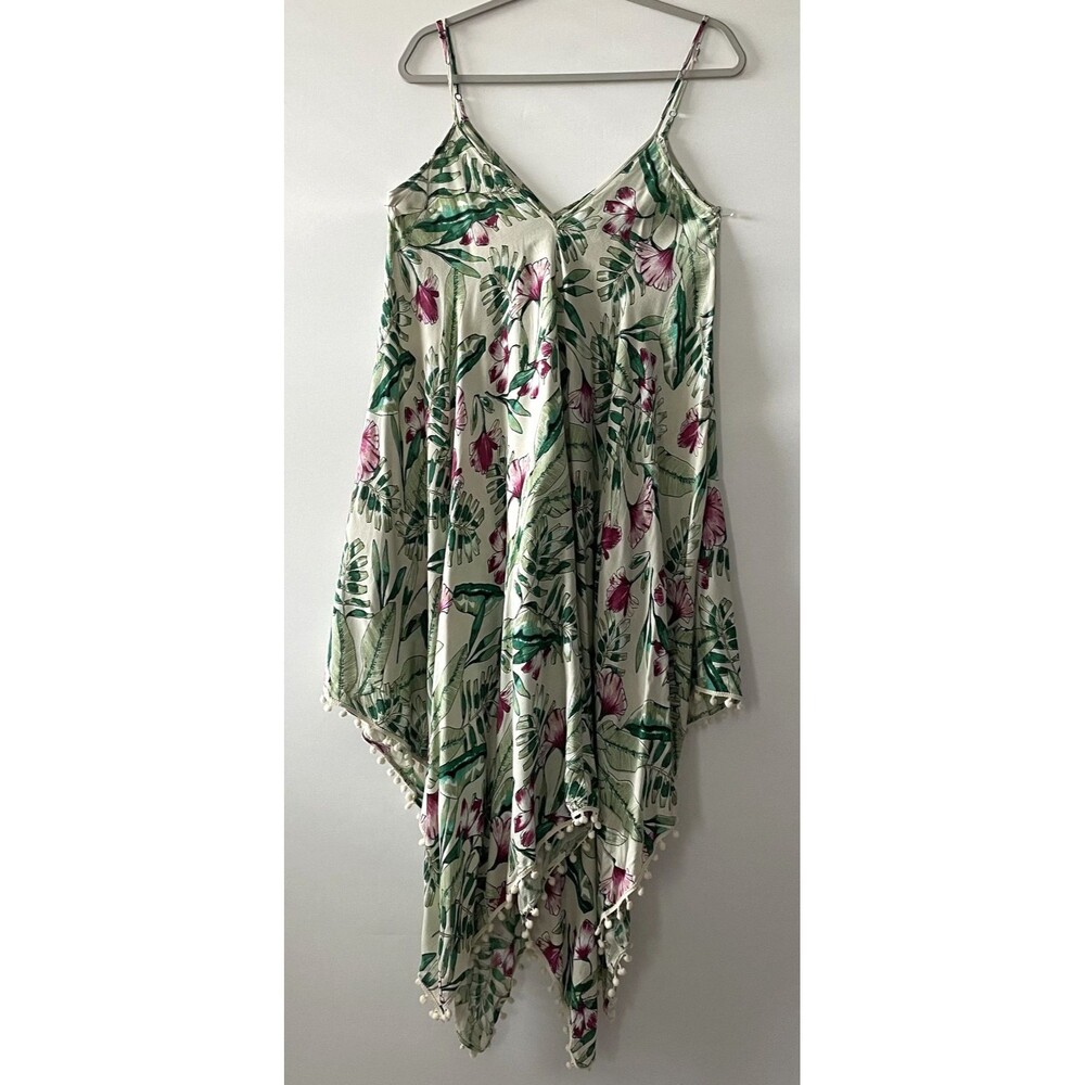 Goa Beachwear by Japna Handkerchief Hem Pom Pom Floral Cami Dress Sz L